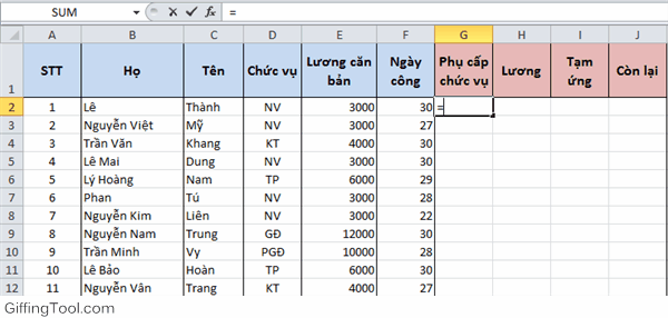 alt text: Minh họa cách sử dụng hàm IF trong Excel để tính phụ cấp chức vụ