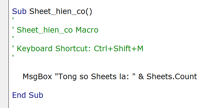 VBA code editor window showing a simple message box script to count Excel sheets