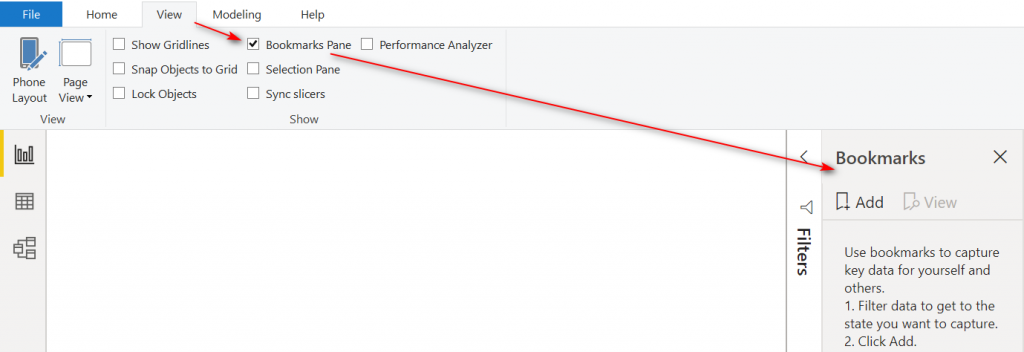Mở Bookmarks Pane trong Power BI