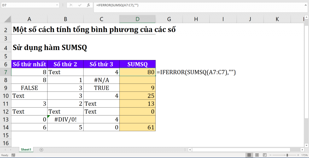 Tính Tổng Bình Phương trong Excel: Hướng Dẫn Chi Tiết Ví dụ sử dụng hàm SUMSQ