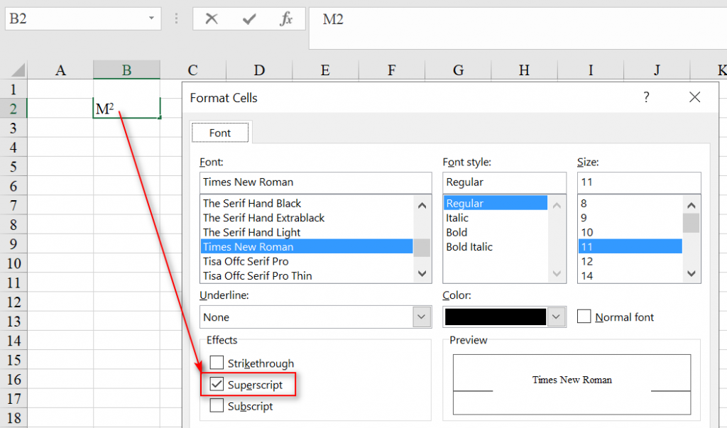 Định dạng chỉ số trên trong Excel