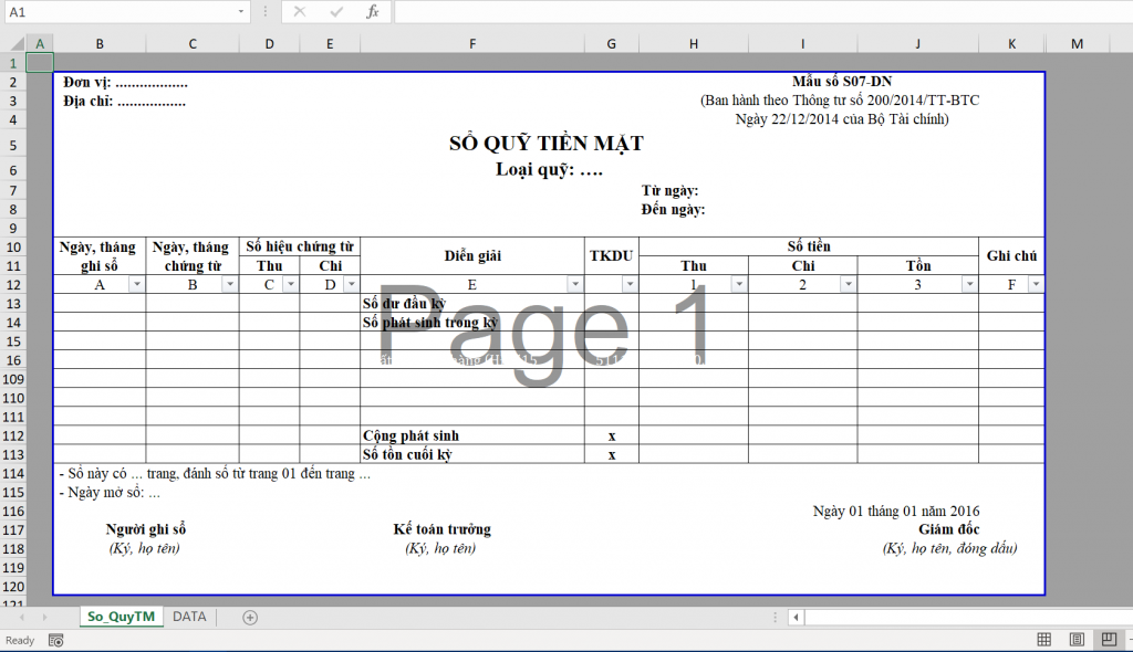 Standard layout of the Cash Book Form S07-DN in Excel