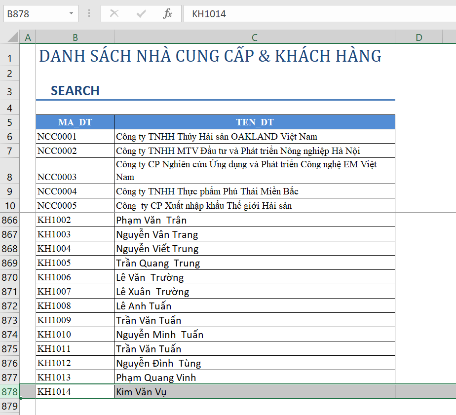 Excel spreadsheet layout featuring a search input cell and a list of customer names