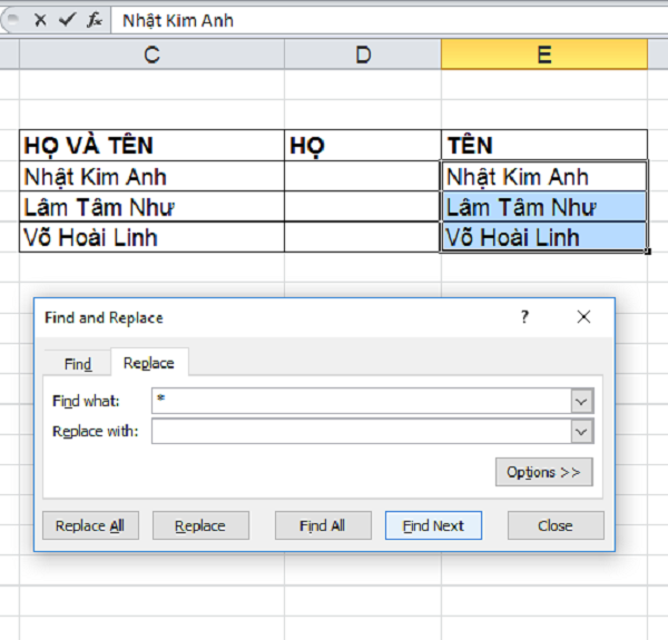 Hướng dẫn Tách Họ và Tên trong Excel Nhanh Chóng và Đơn Giản Hộp thoại Find and Replace trong Excel để tách tên