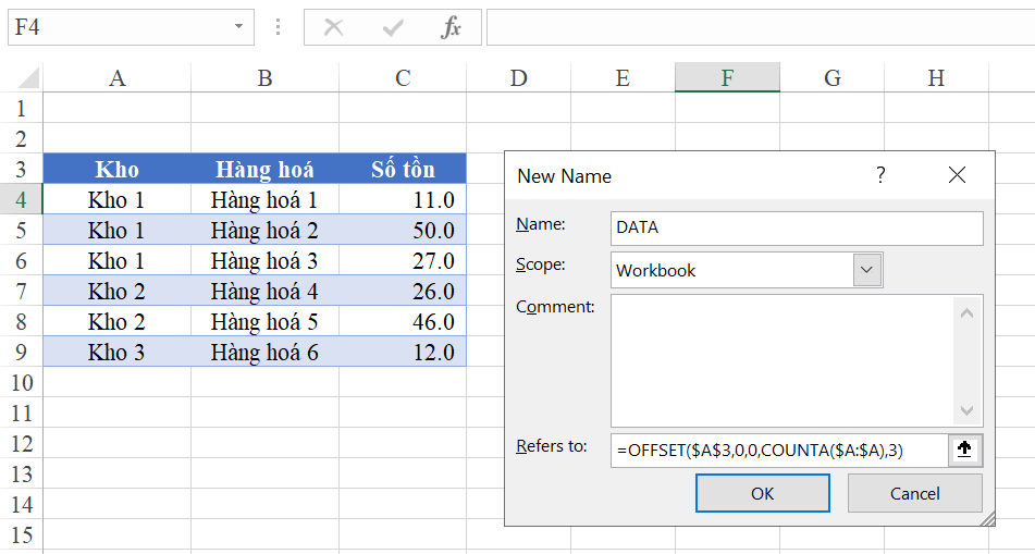 Tạo Name động với hàm OFFSET trong Excel