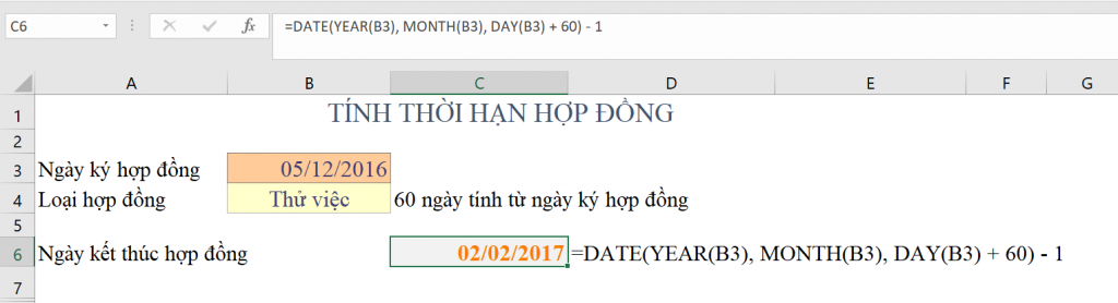 Tính thời hạn hợp đồng trong Excel
