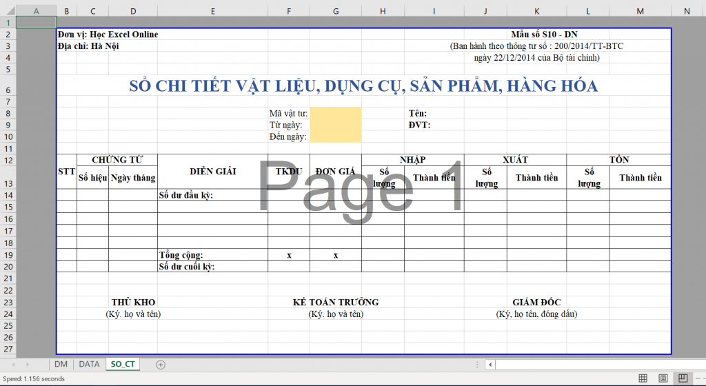 Mẫu sổ kế toán chi tiết vật tư, sản phẩm, hàng hóa trên Excel