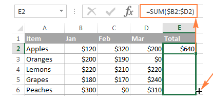 Dragging the SUM formula down to calculate totals for multiple rows