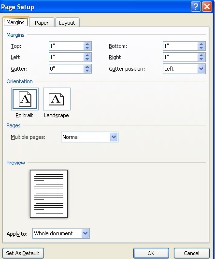 Tab Margins trong Page Setup