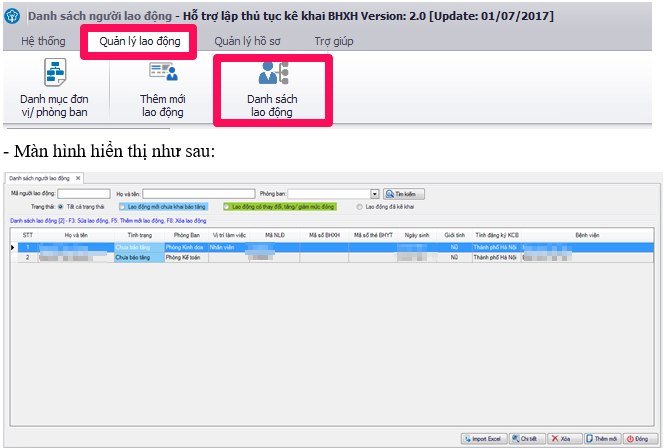 Menu Danh sách lao động