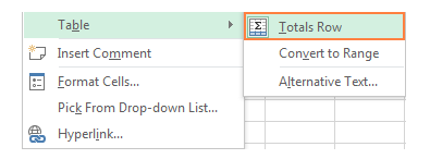 Right-click context menu to add a Total Row to an Excel table