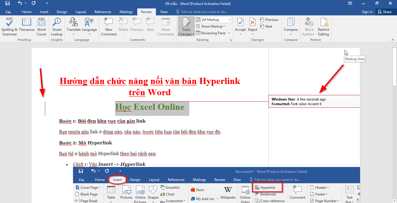 Ví dụ về thay đổi màu chữ trong Track Changes