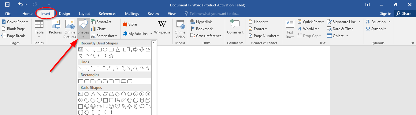 Mở hộp thoại Shapes trong Word