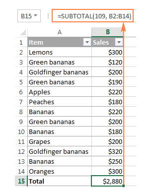 Subtotal function formula 109 used to sum only visible cells