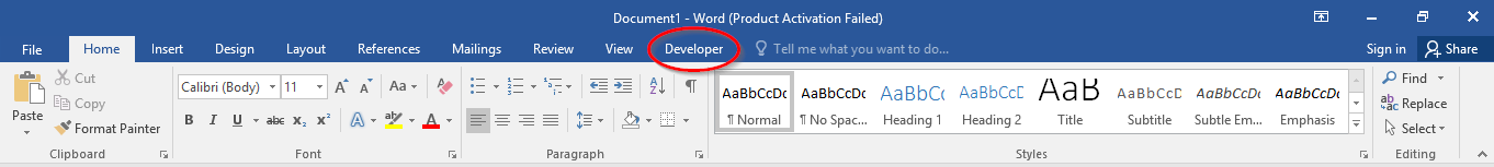Tab Developer trên thanh công cụ Word