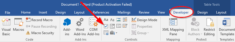 Biểu tượng chèn Check box trong phần Controls