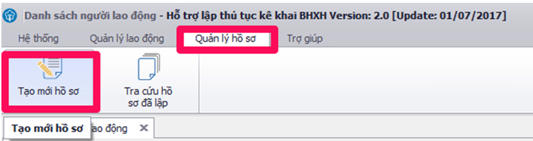 Menu Tạo mới hồ sơ