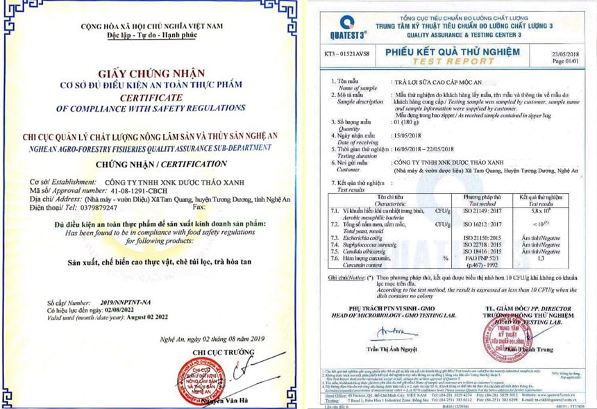 Đánh Giá Trà Lợi Sữa Mộc An: Có Tốt Không? Mua Ở Đâu? alt text: Hình ảnh giấy chứng nhận của trà lợi sữa Mộc An