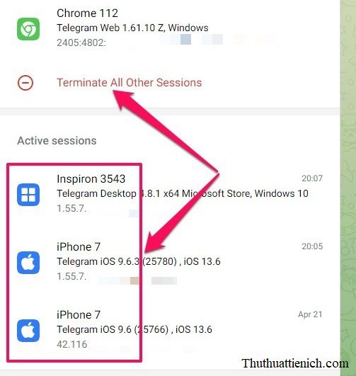 Danh sách thiết bị đăng nhập Telegram Web