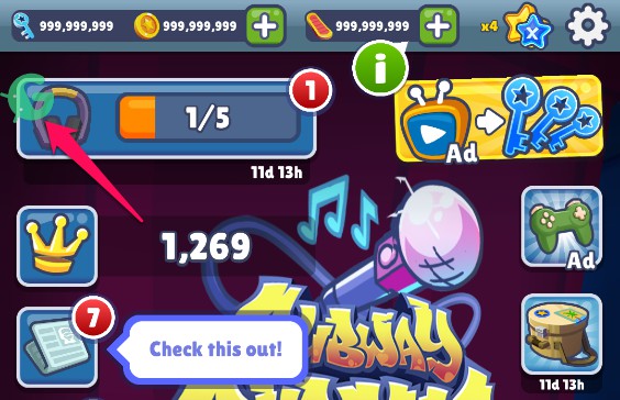 Ảnh chụp màn hình menu hack trong Subway Surfers với các tùy chọn bật/tắt