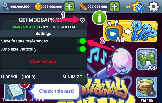 Ảnh chụp màn hình cài đặt menu hack trong Subway Surfers