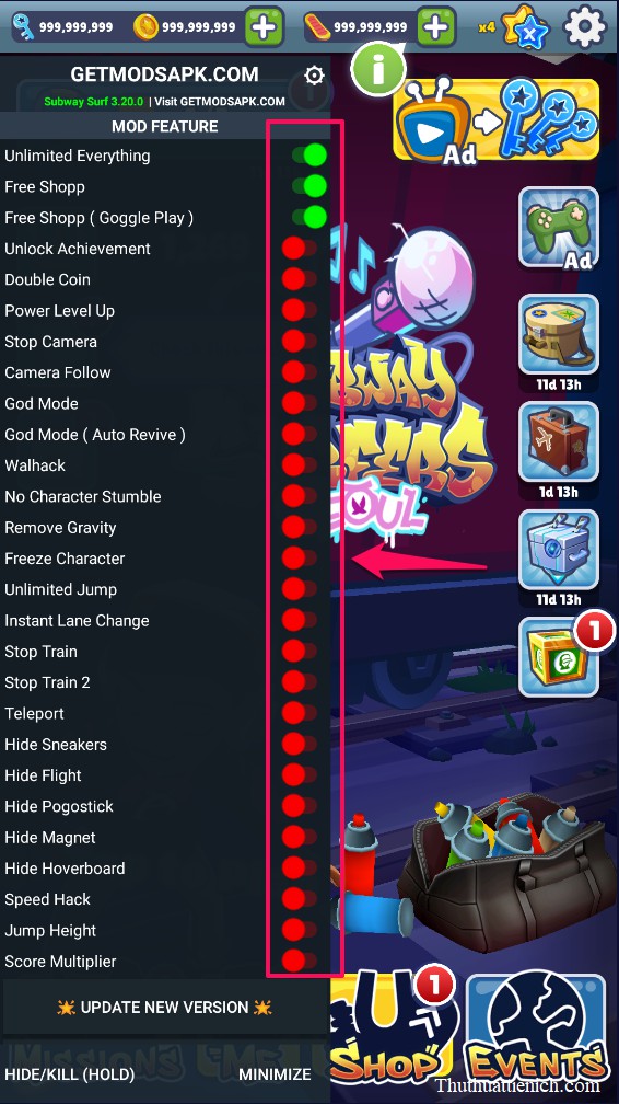 Ảnh chụp màn hình game Subway Surfers với số tiền và chìa khóa đã được hack