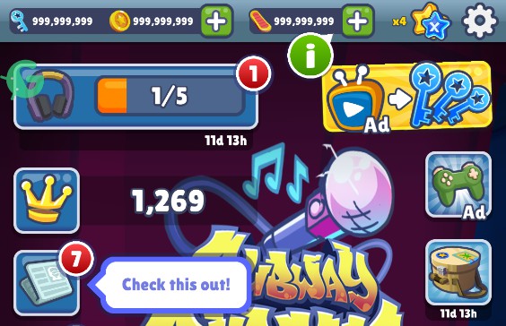 Ảnh chụp màn hình menu hack trong Subway Surfers