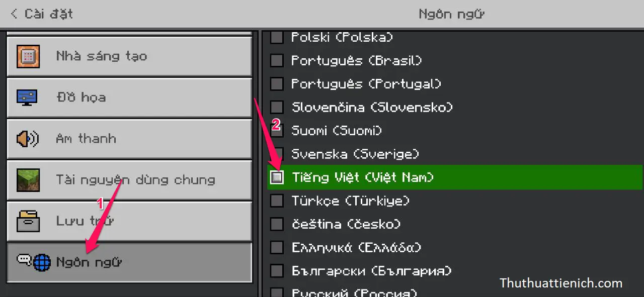Hướng dẫn Việt hóa Minecraft 1.21 trên Android với Tyel Vietnamese Chọn Tiếng Việt trong cài đặt ngôn ngữ