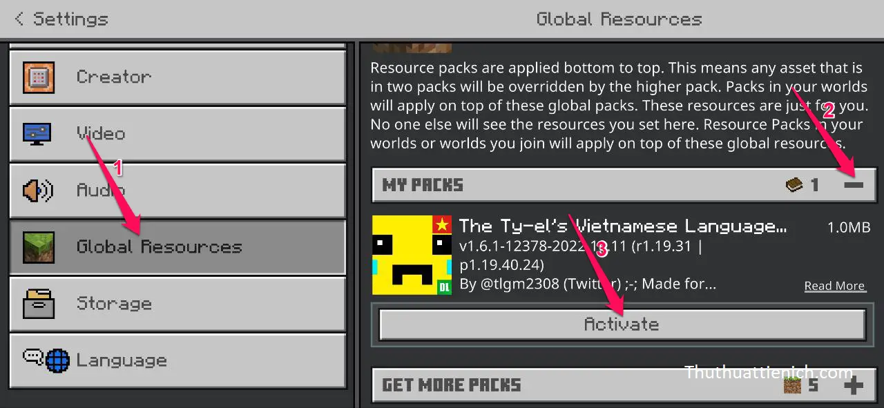 Hướng dẫn Việt hóa Minecraft 1.21 trên Android với Tyel Vietnamese Kích hoạt gói ngôn ngữ tiếng Việt Tyel