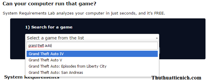 Danh sách game trên System Requirements Lab