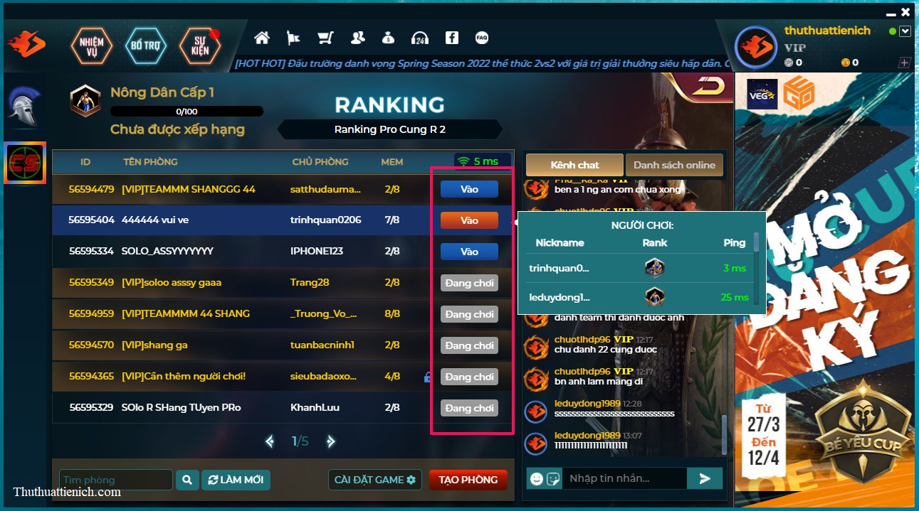 Danh sách phòng chơi Đế Chế trên EGO Play