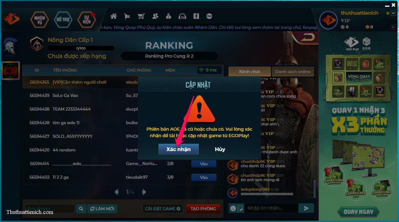 Giao diện phòng chơi Đế Chế trên EGO Play