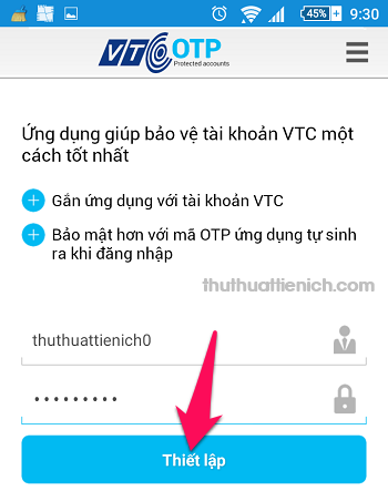 Đăng nhập ứng dụng VTC OTP
