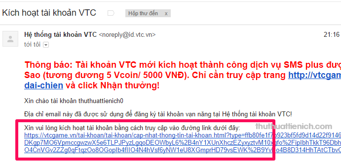 Email kích hoạt tài khoản VTC