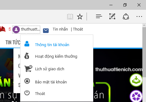 Menu tùy chọn tài khoản VTC