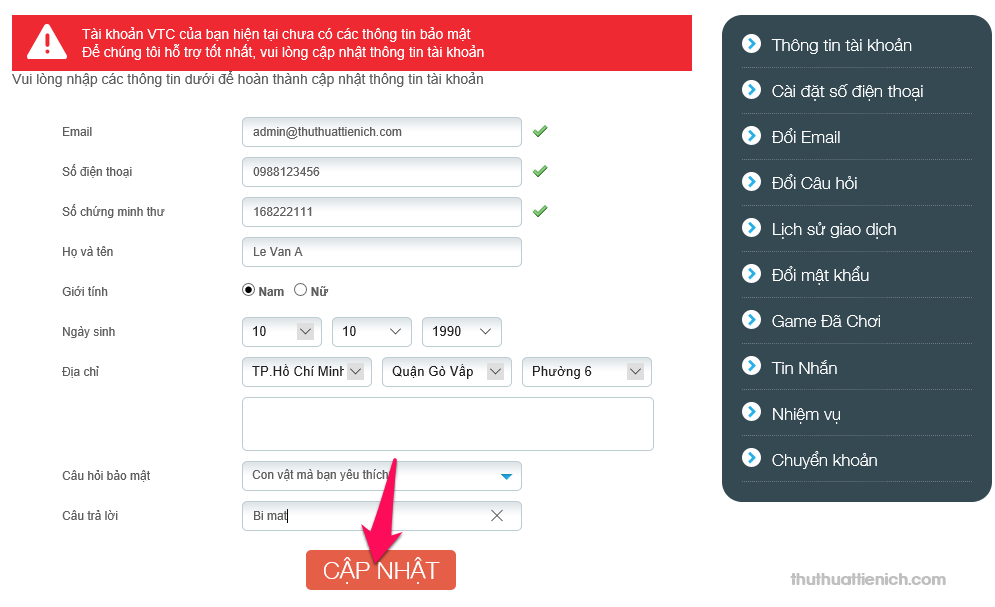 Trang cập nhật thông tin tài khoản