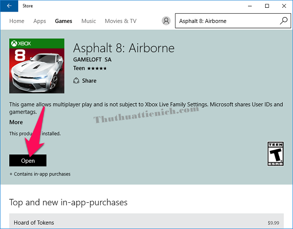 Nút mở game Asphalt 8 sau khi cài đặt