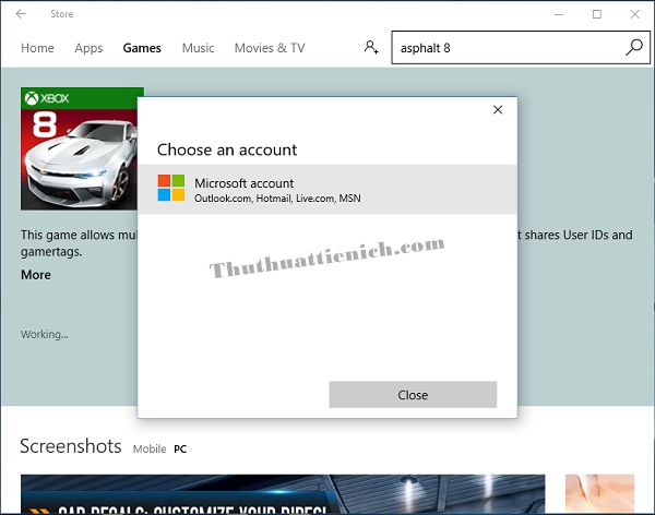 Đăng nhập tài khoản Microsoft để tải Asphalt 8