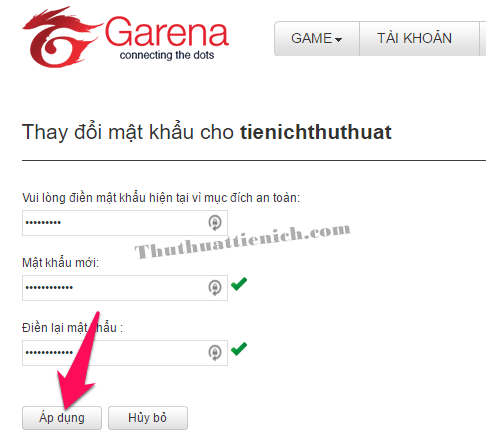 Nút Thay đổi mật khẩu trên trang cài đặt Garena