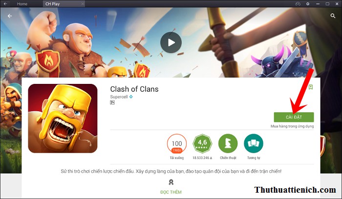 Hướng dẫn chơi Clash of Clans trên PC bằng BlueStacks Nút cài đặt Clash of Clans