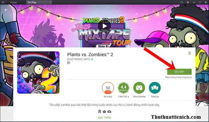 Nhấn nút Cài đặt game Plants vs. Zombies 2