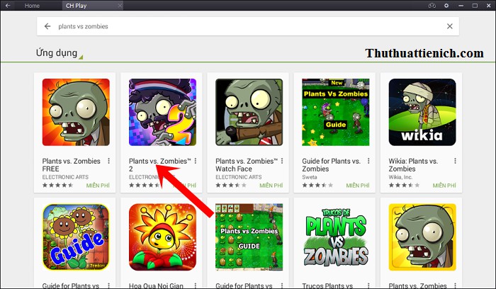 Chọn game Plants vs. Zombies 2 trong kết quả tìm kiếm