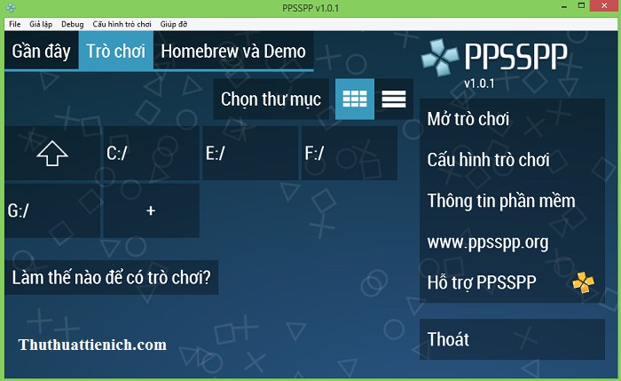 Giao diện tiếng Việt của phần mềm PPSSPP