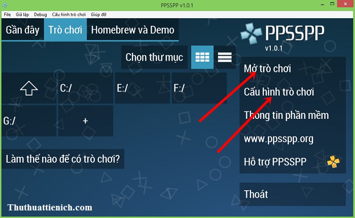 Mở Cấu hình trò chơi trong PPSSPP