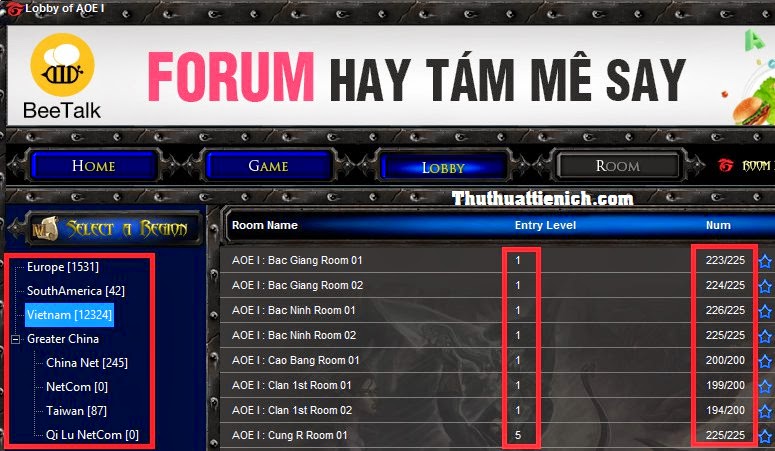 Danh sách phòng chơi AOE trên Garena Plus với thông tin số lượng người chơi và level yêu cầu