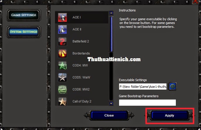 Nút Apply để lưu cài đặt đường dẫn game AOE