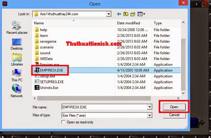 Chọn file Empiresx.exe để thiết lập đường dẫn game Đế Chế trên Garena Plus