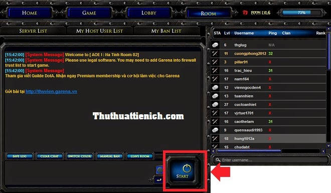 Nút Start để bắt đầu chơi AOE 1 trên Garena Plus