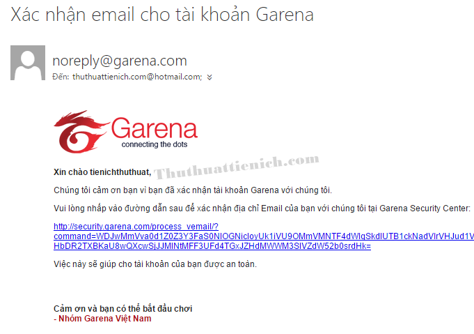 Email xác nhận tài khoản Garena