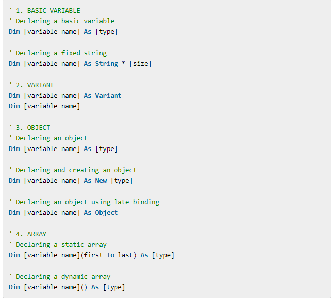 VBA Code editor showing the standard Dim syntax